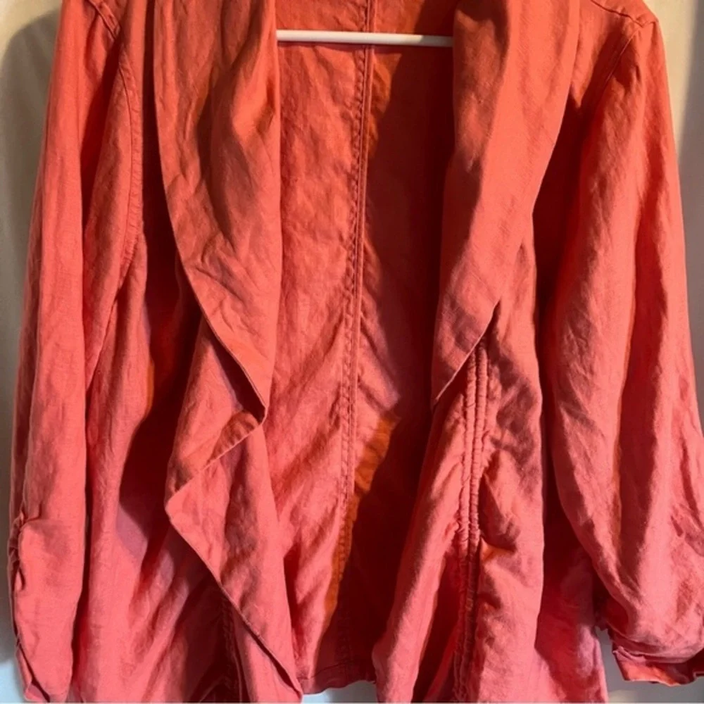 Chicos 100% Linen Ruched‎ Coral Pink Open Cardigan Size Large Casual Lightweight
